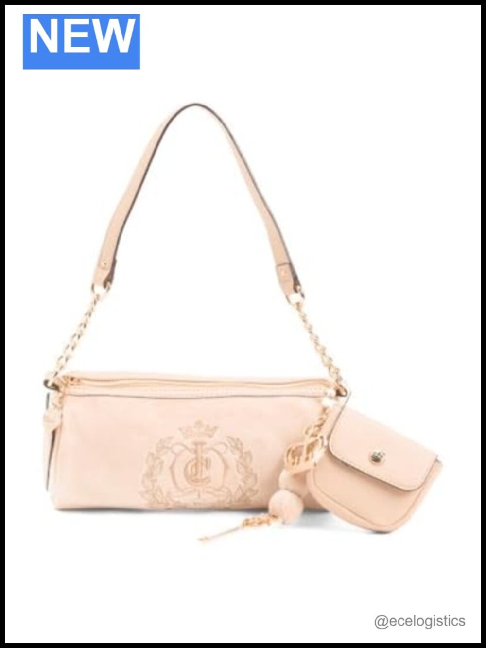Faux Leather Velour Chain Strap Shoulder Bag with Mini Pouch, Zip Closure